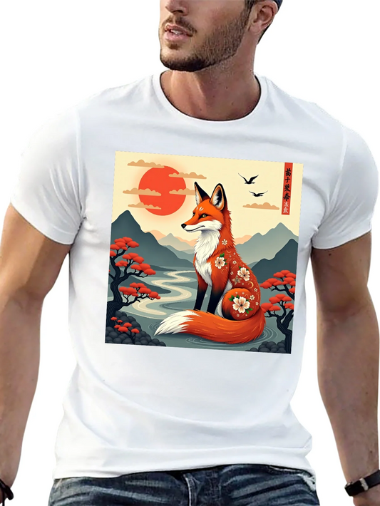 Fox Art T-Shirt: Japanese Mountain Landscape