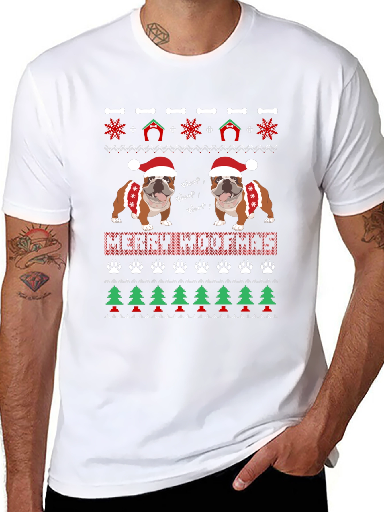 Merry Woofmas Bulldog Christmas Ugly Sweater T-Shirt