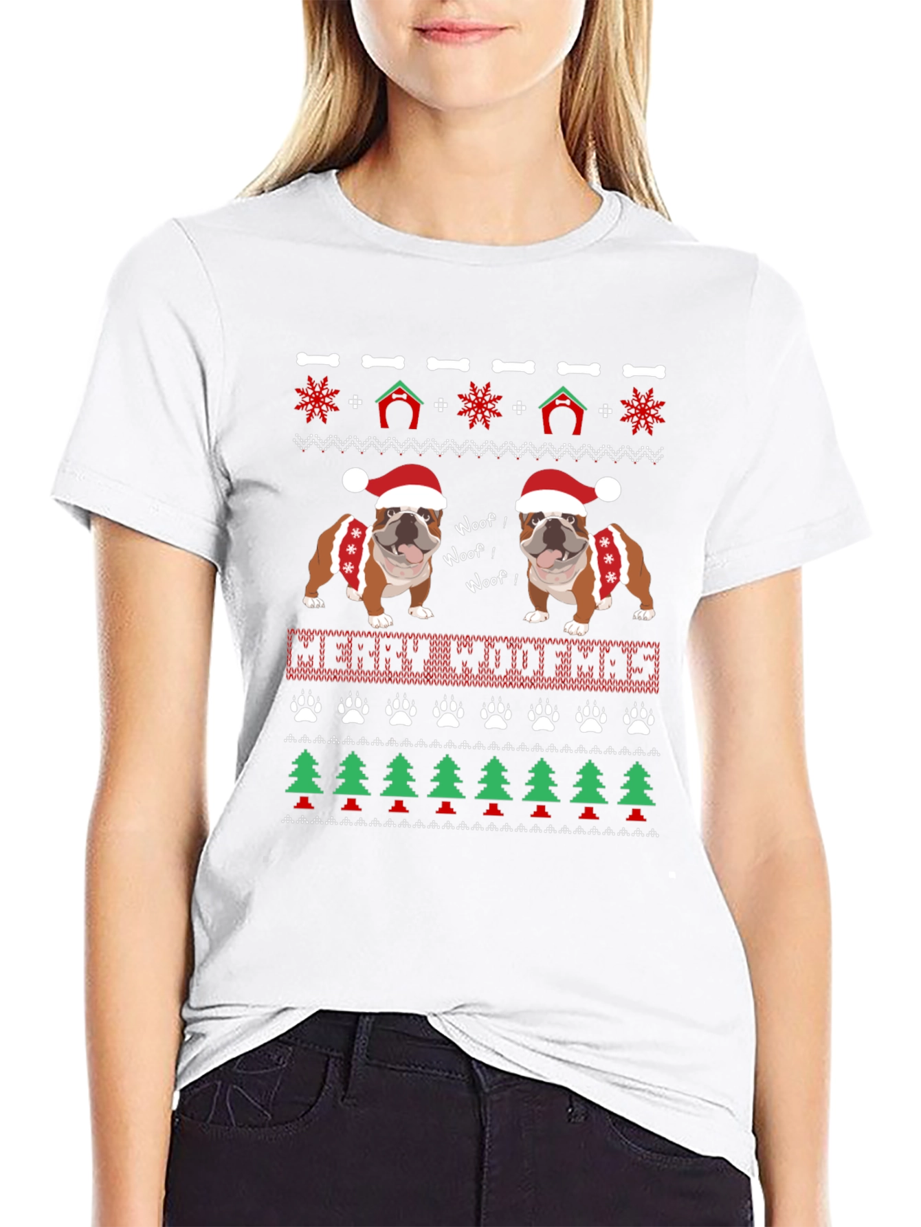 Merry Woofmas Bulldog Christmas Ugly Sweater T-Shirt