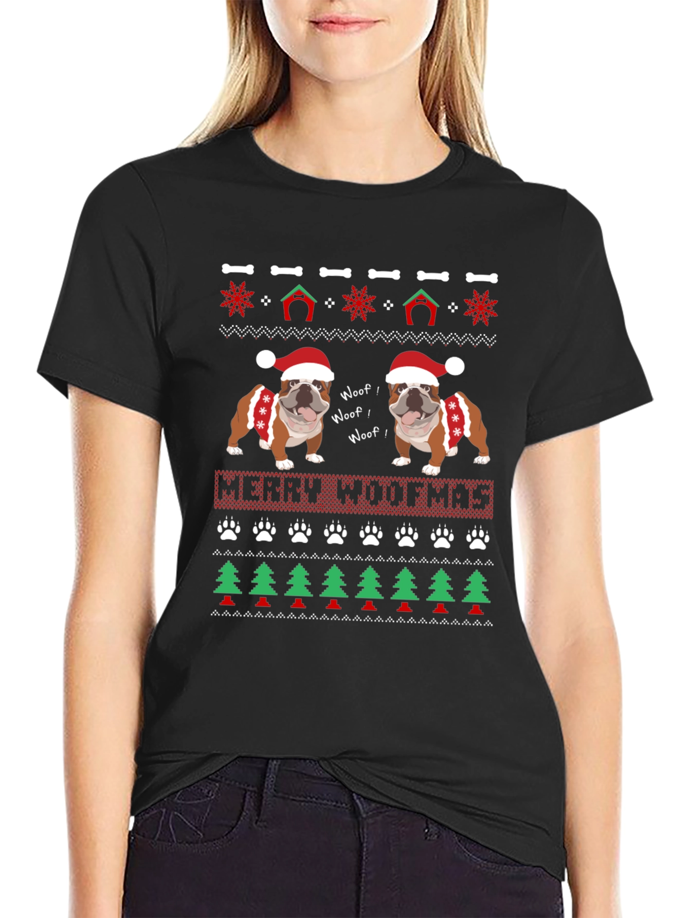 Merry Woofmas Bulldog Christmas Ugly Sweater T-Shirt