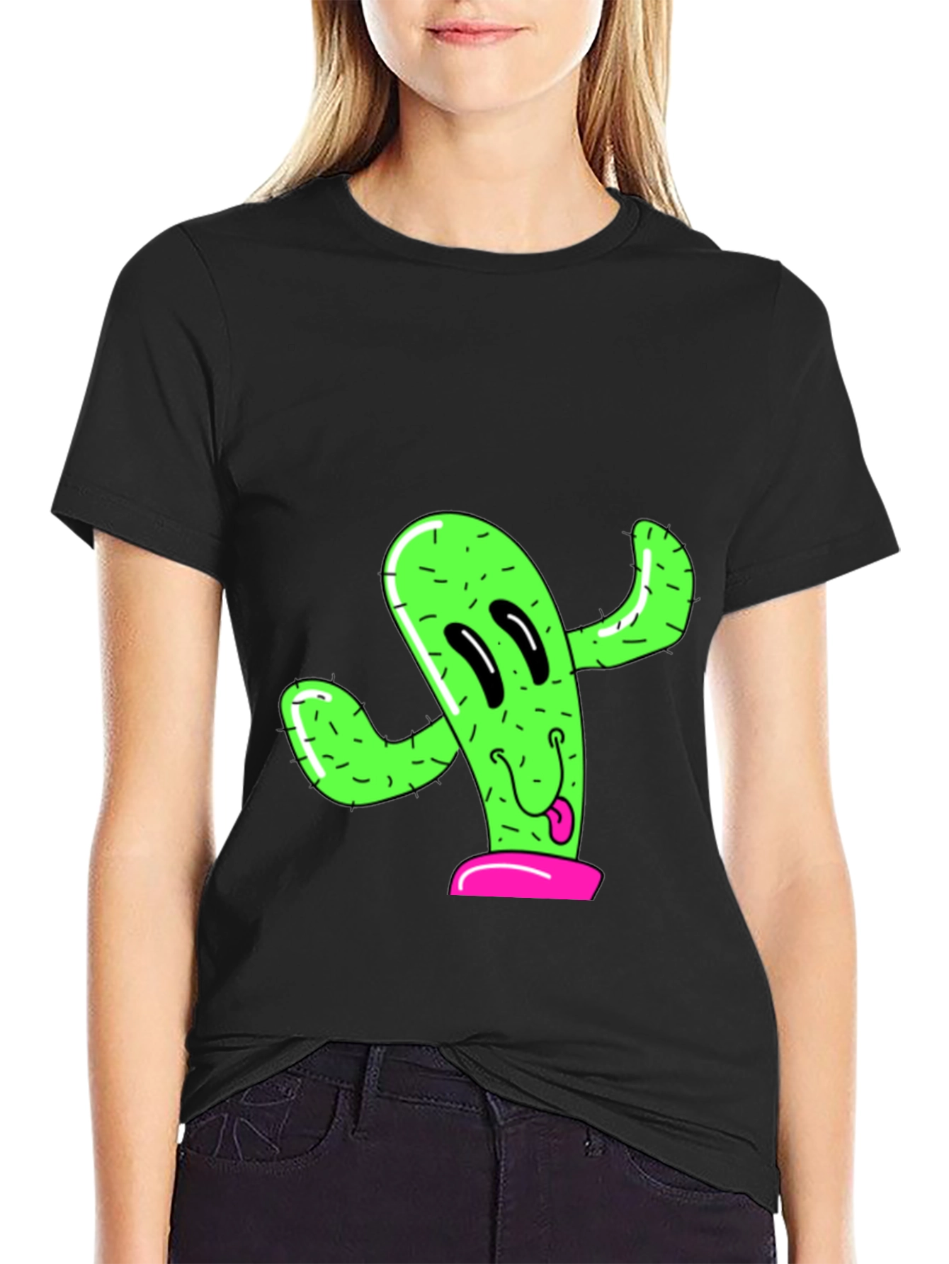 Fun Cactus Graphic Tee - Black Cotton T-Shirt