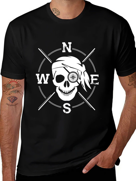 Pirate Compass Skull Graphic T-Shirt - Black