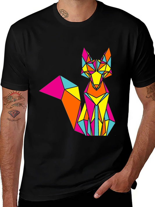 Geometric Fox Graphic Print Black T-Shirt