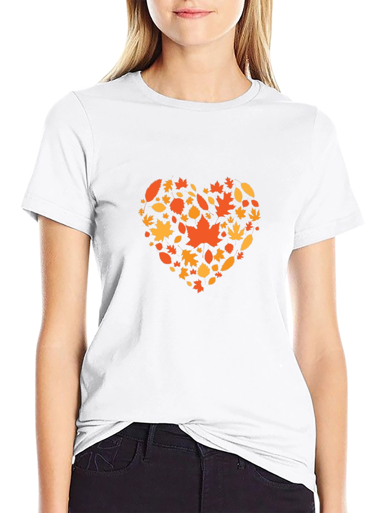 Autumn Leaves Heart Graphic Black T-Shirt