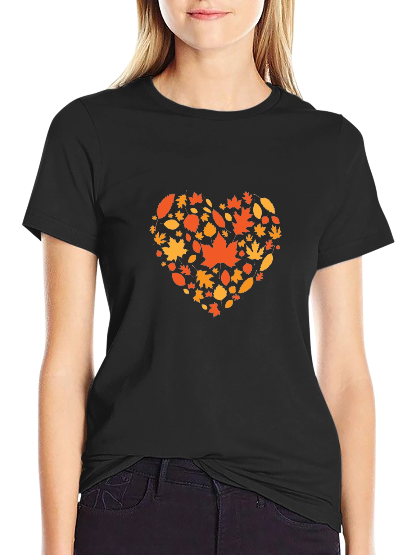 Autumn Leaves Heart Graphic Black T-Shirt