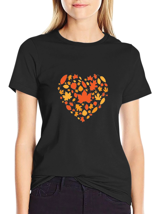 Autumn Leaves Heart Graphic Black T-Shirt