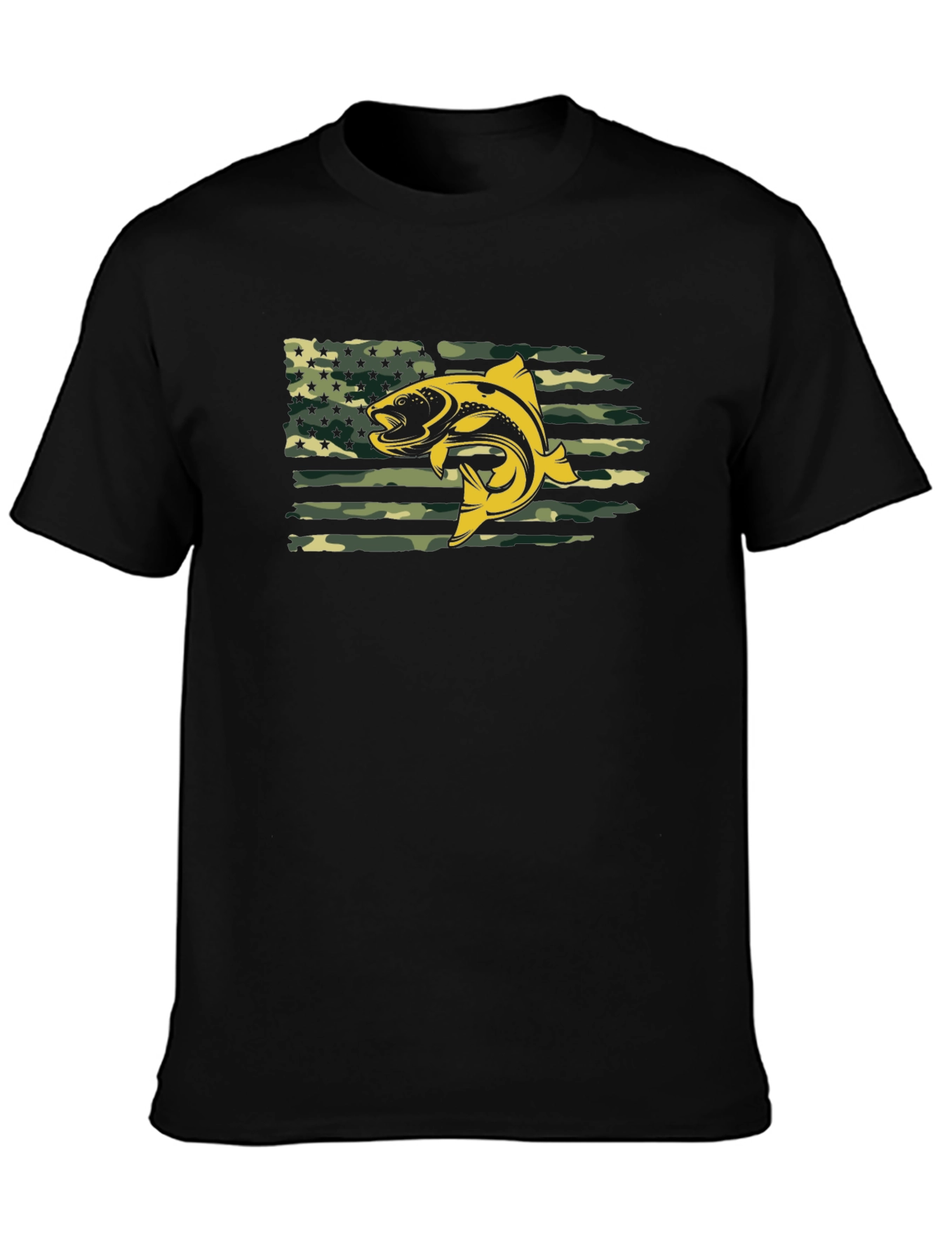 Mens Black T-shirt Fish American Flag Camo