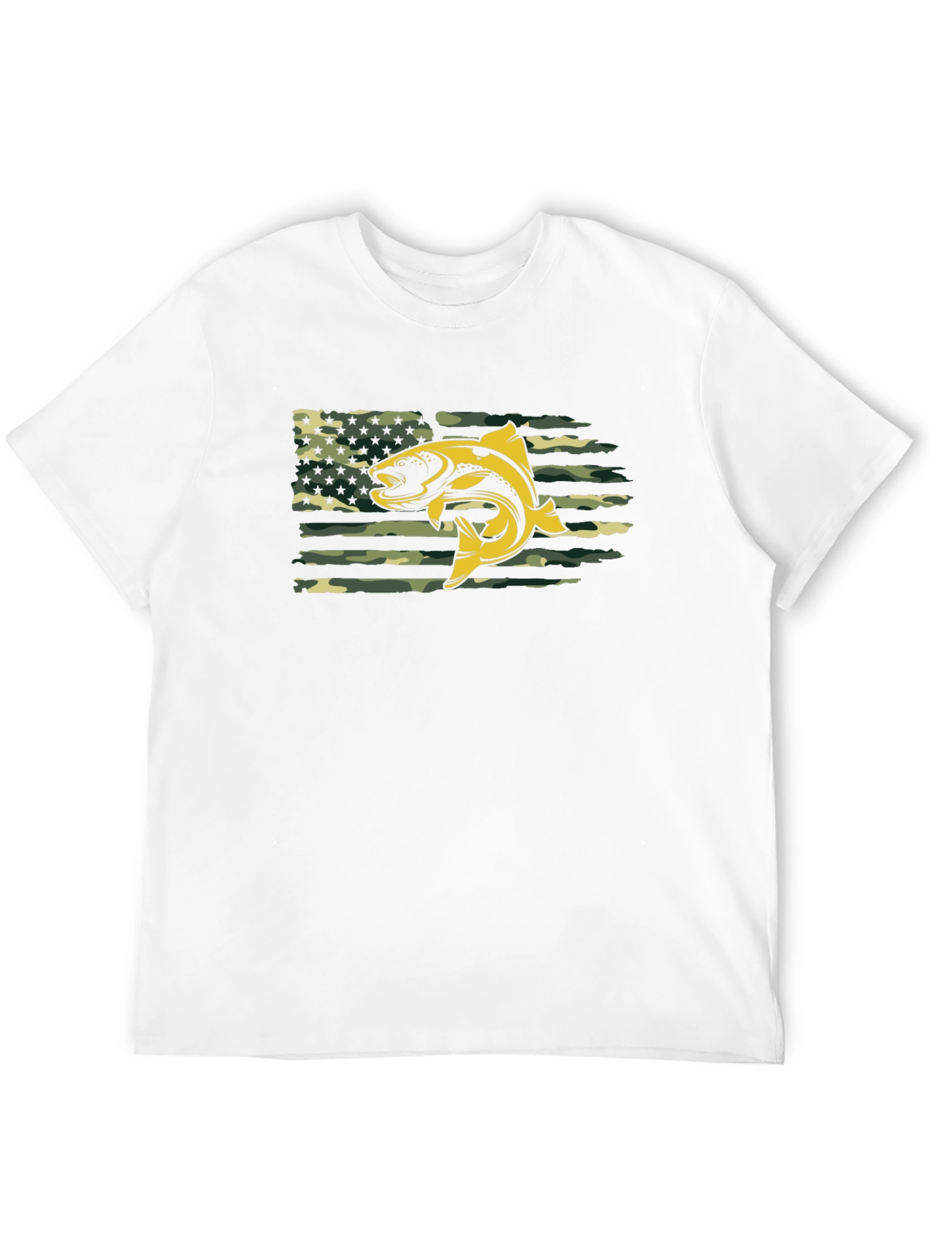 Mens Black T-shirt Fish American Flag Camo