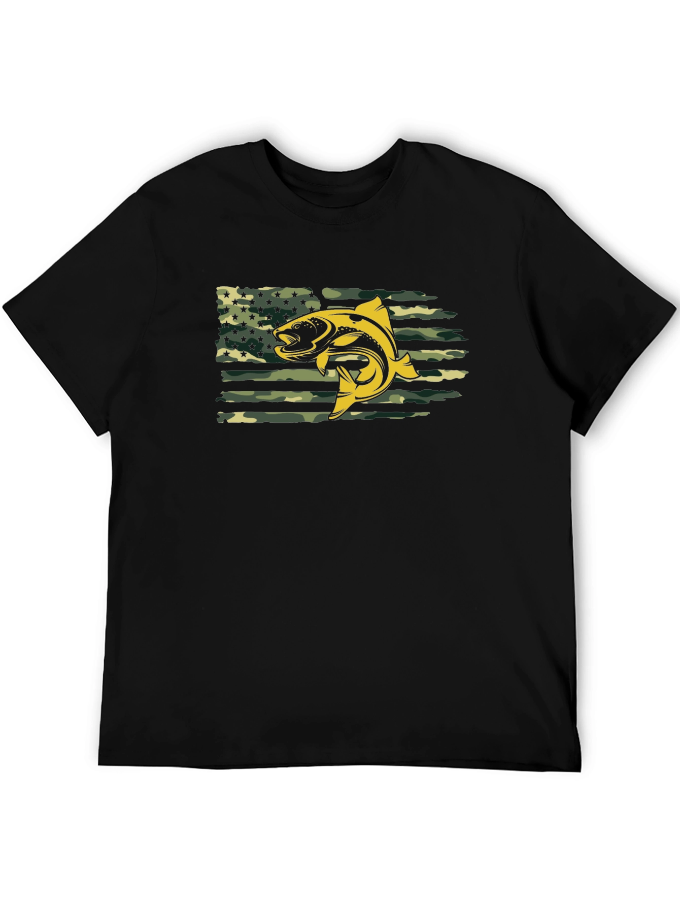 Mens Black T-shirt Fish American Flag Camo