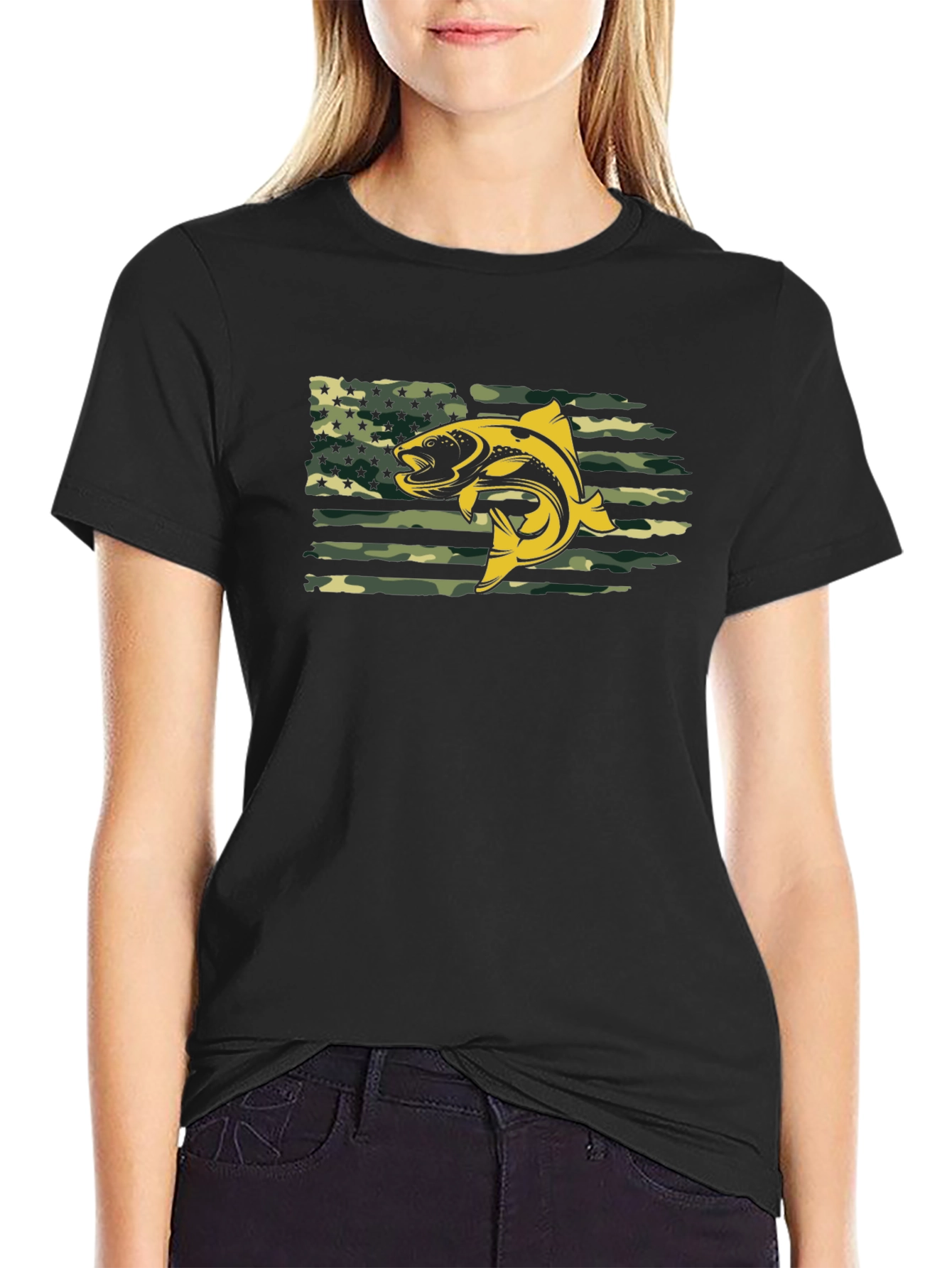 Mens Black T-shirt Fish American Flag Camo