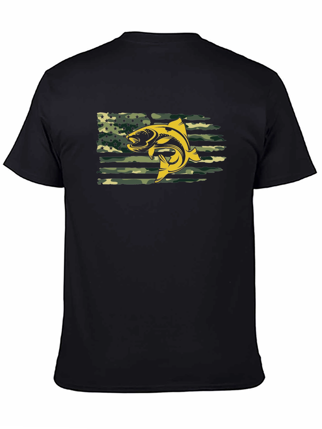 Mens Black T-shirt Fish American Flag Camo