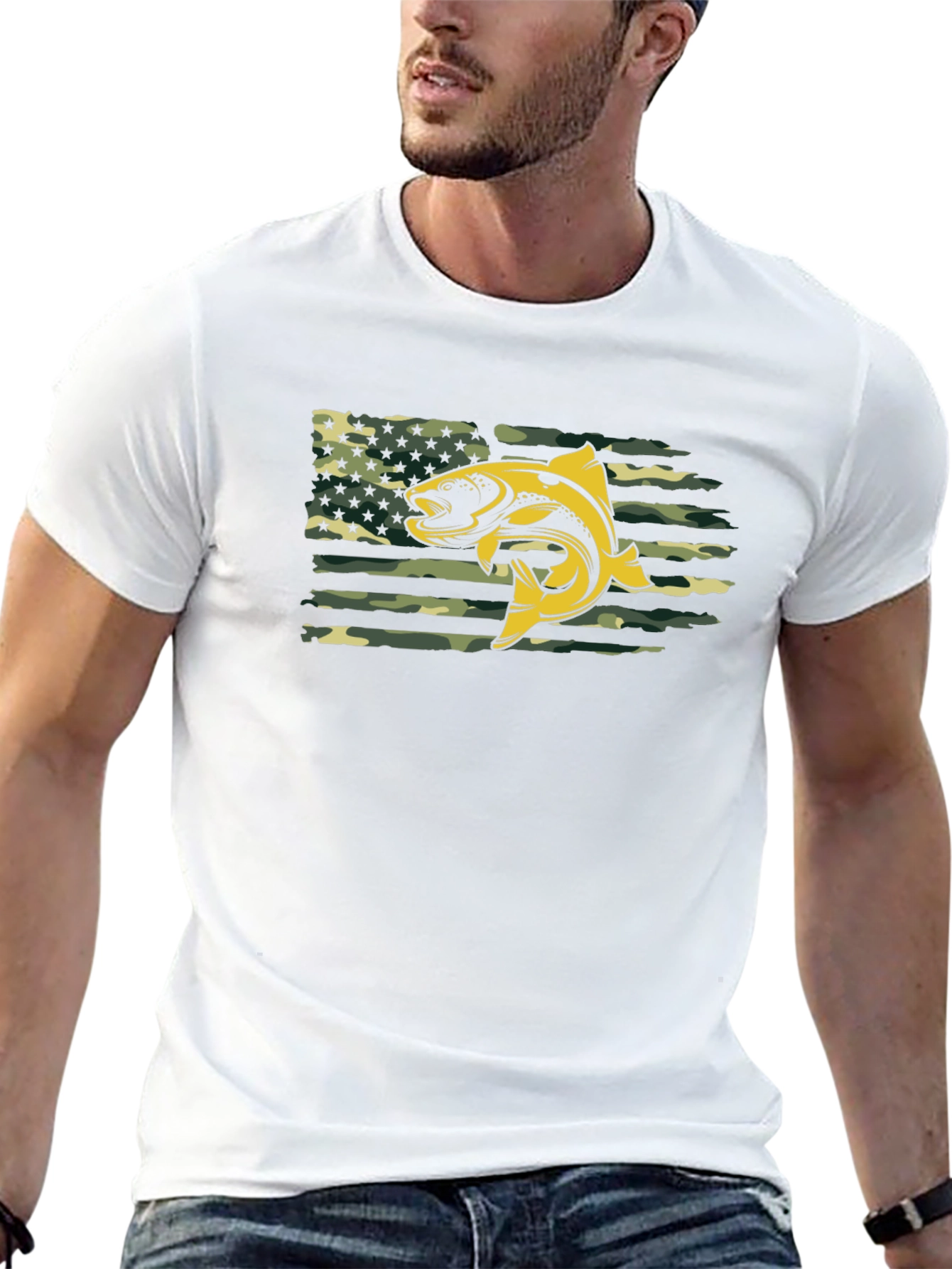 Mens Black T-shirt Fish American Flag Camo