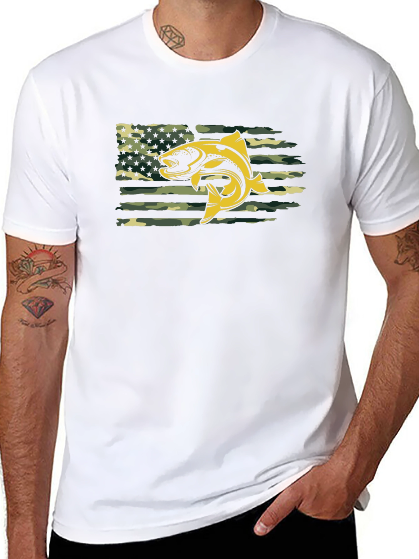 Mens Black T-shirt Fish American Flag Camo