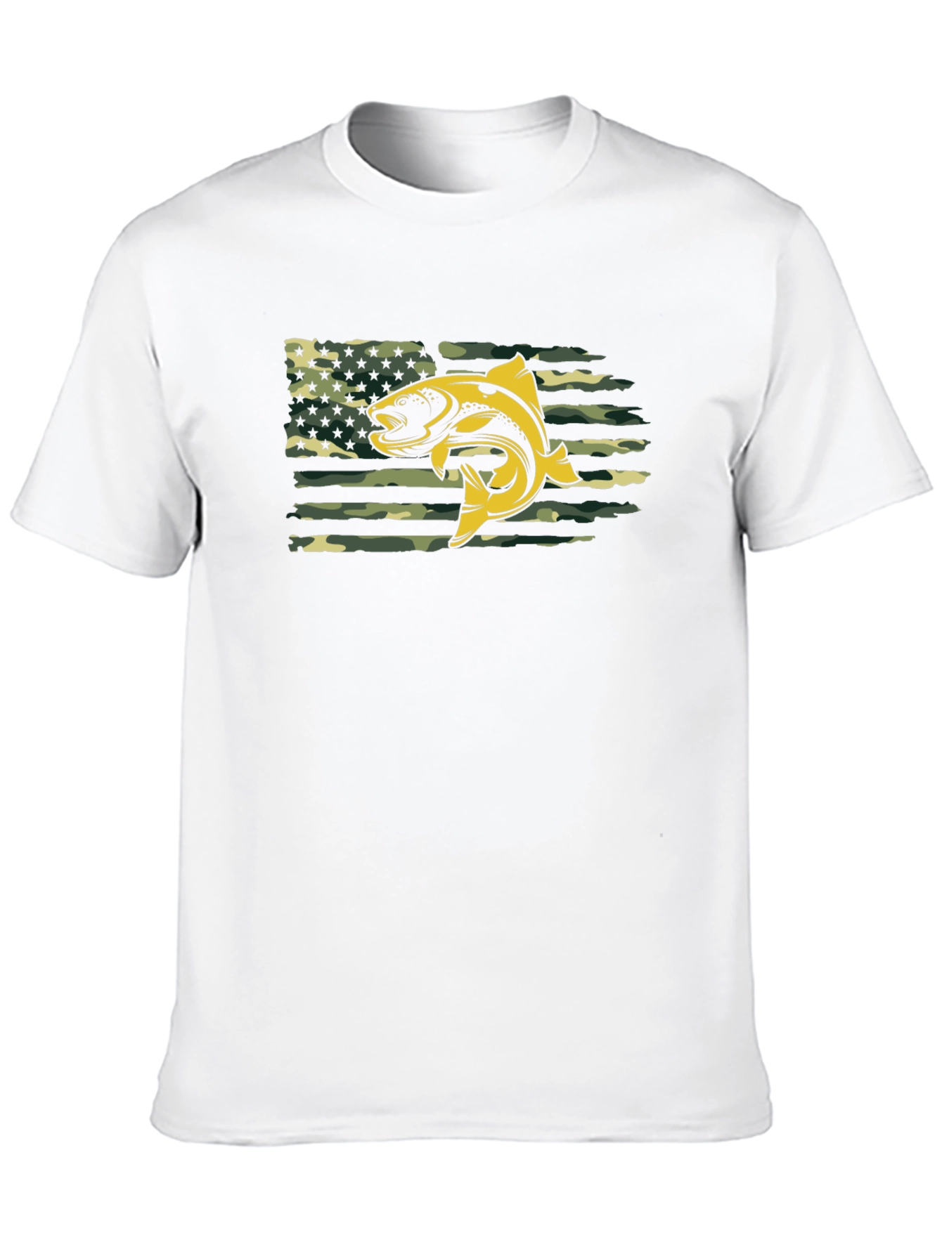 Mens Black T-shirt Fish American Flag Camo