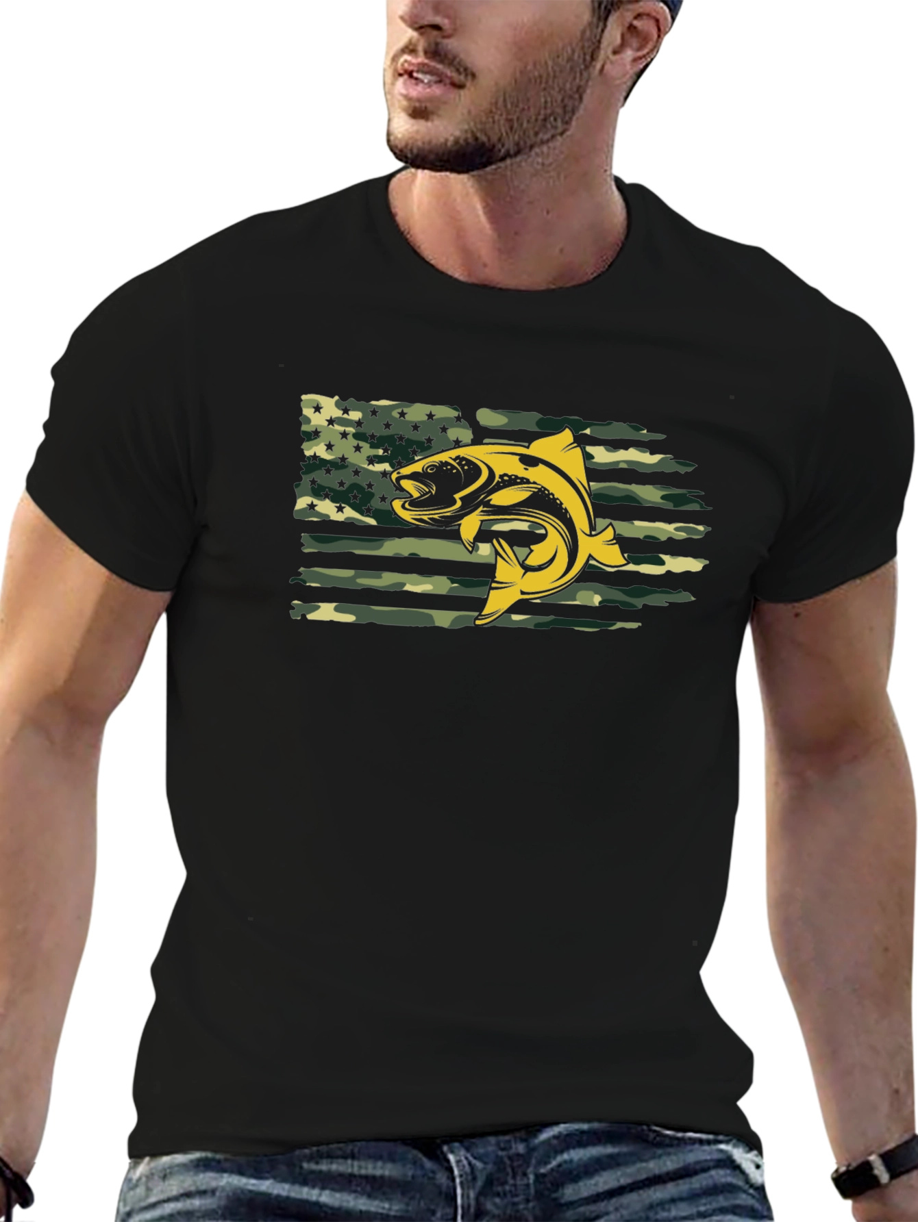 Mens Black T-shirt Fish American Flag Camo