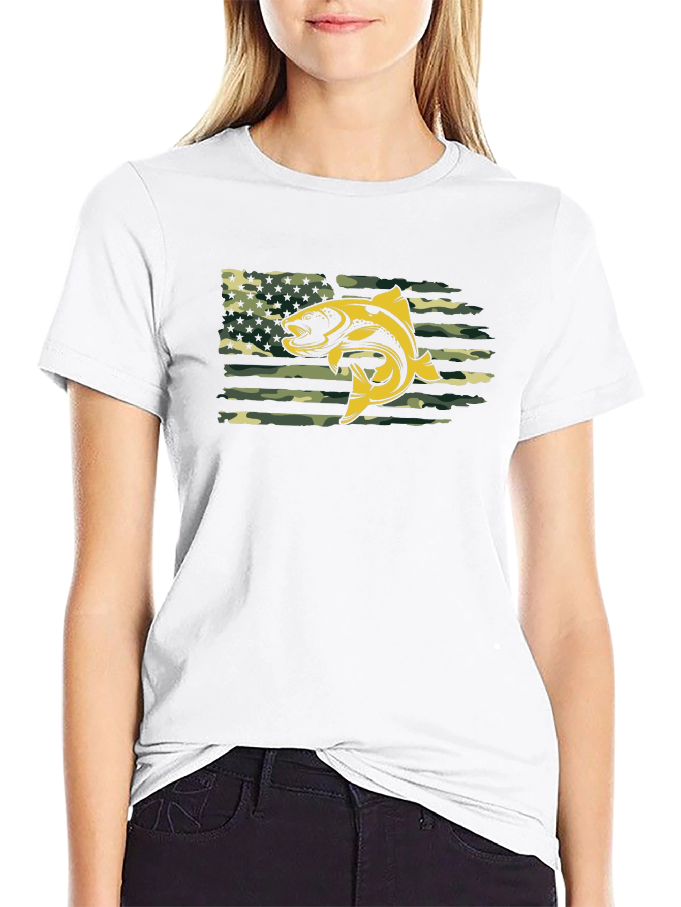 Mens Black T-shirt Fish American Flag Camo