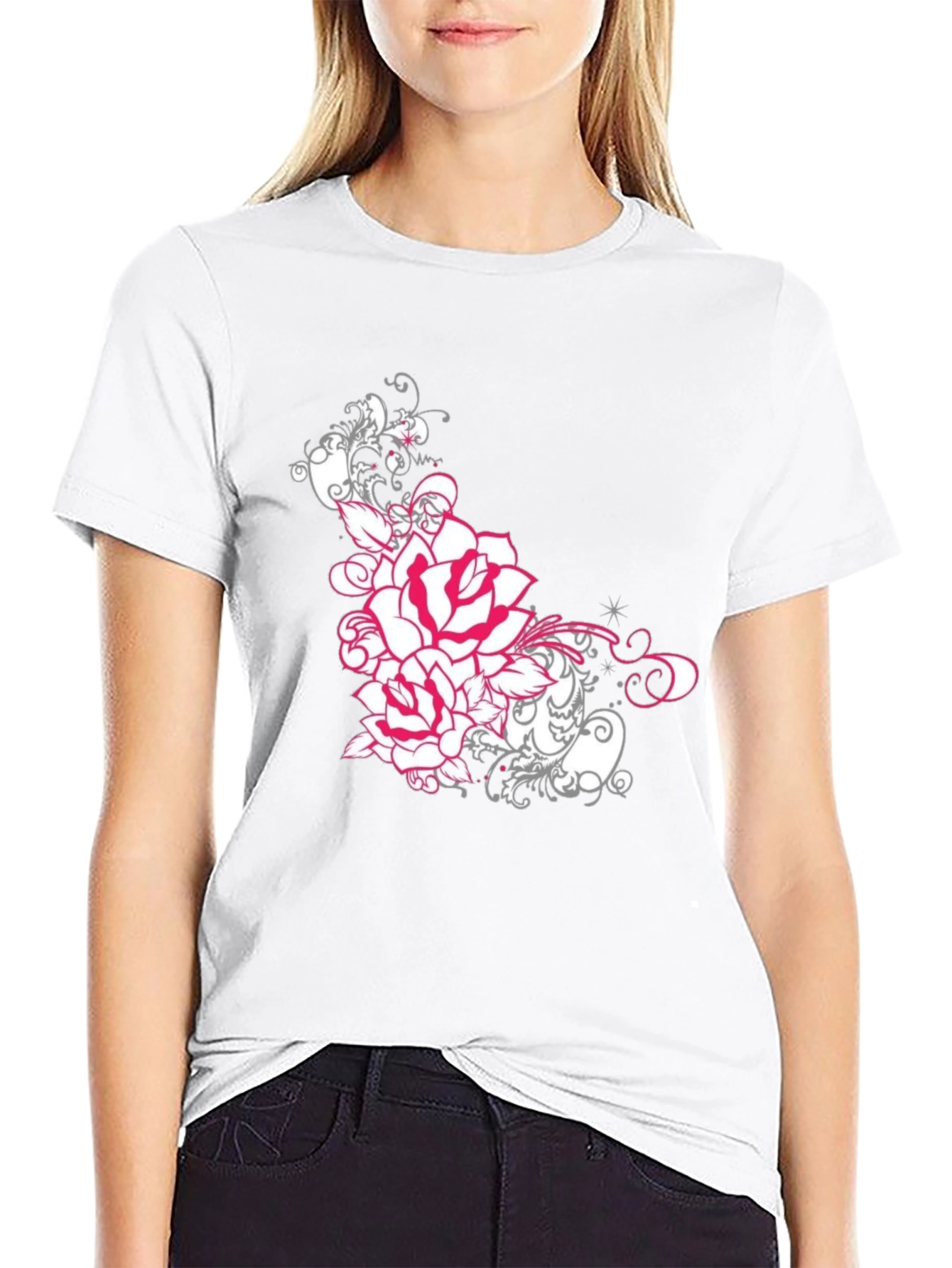 Floral Rose Graphic Tee - Black Cotton T-Shirt