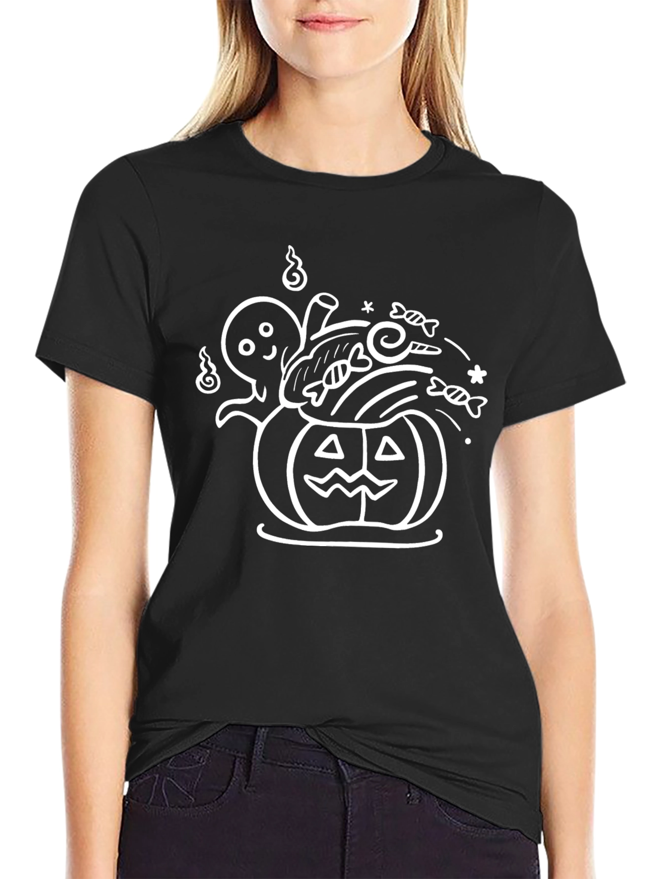 Halloween Ghost & Pumpkin Graphic Tee - Black