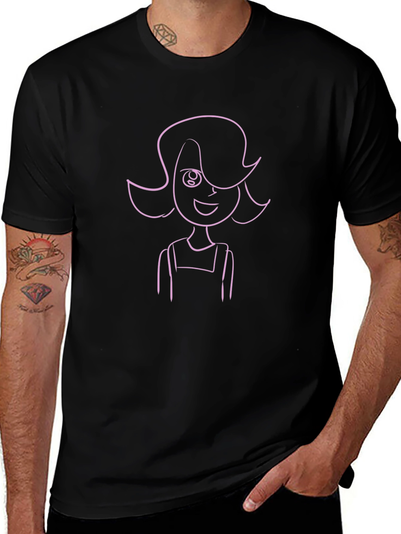 Line Art Girls Black Cotton T-Shirt