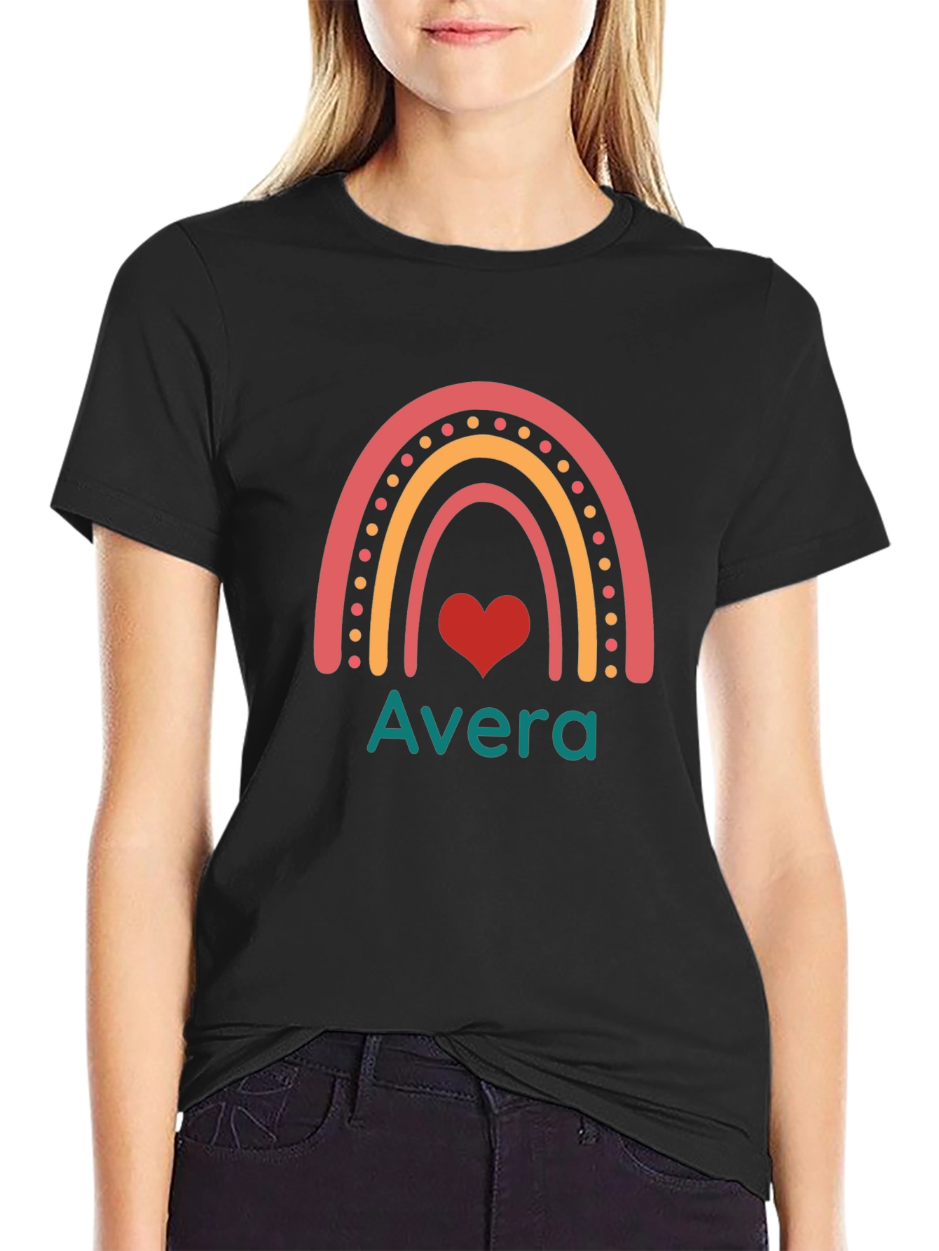Avera Rainbow Heart Graphic Tee - Black Cotton Blend