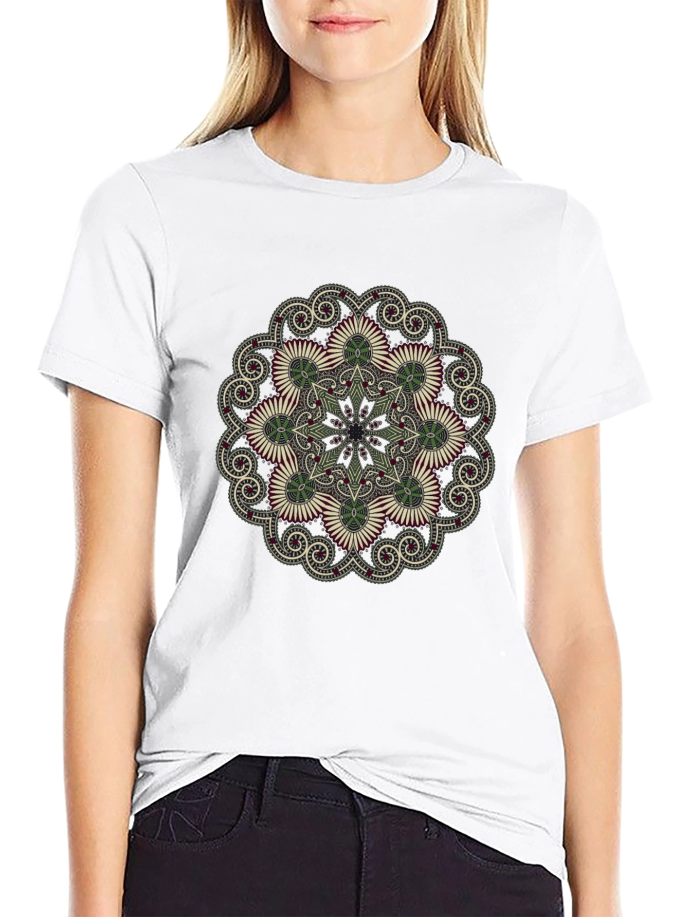 Black T-Shirt with Floral Mandala Print