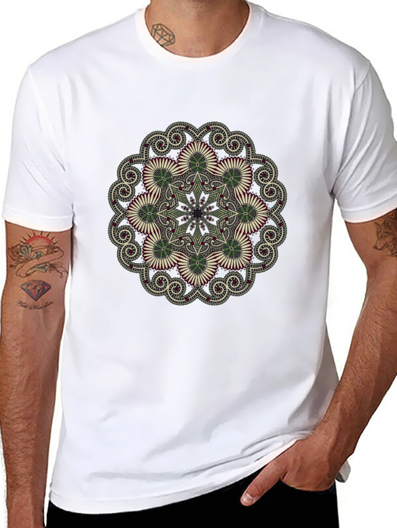 Black T-Shirt with Floral Mandala Print