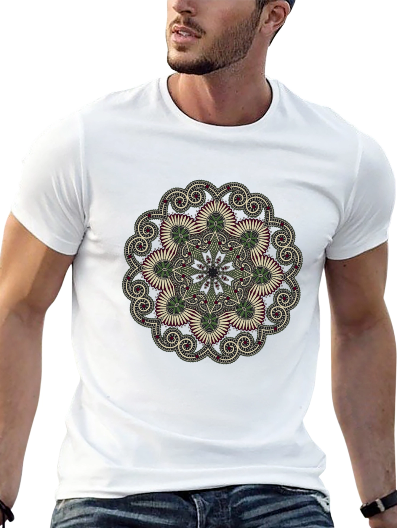 Black T-Shirt with Floral Mandala Print