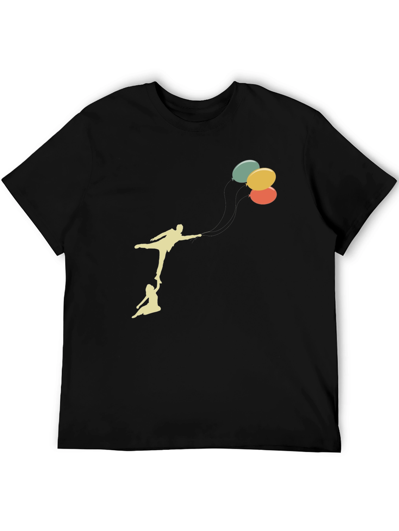 Whimsical Balloon Ride Graphic Tee - Black Cotton Blend