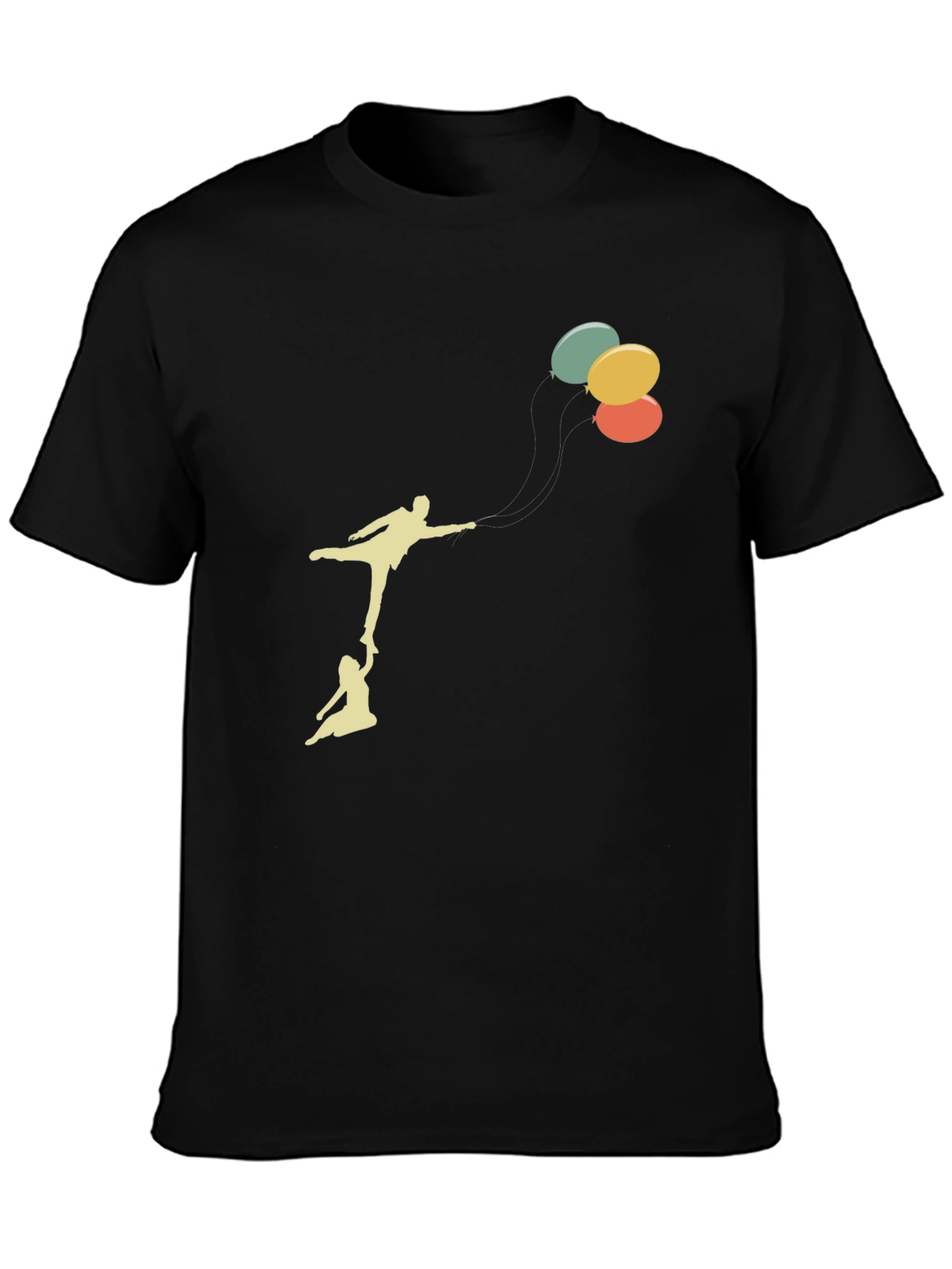 Whimsical Balloon Ride Graphic Tee - Black Cotton Blend