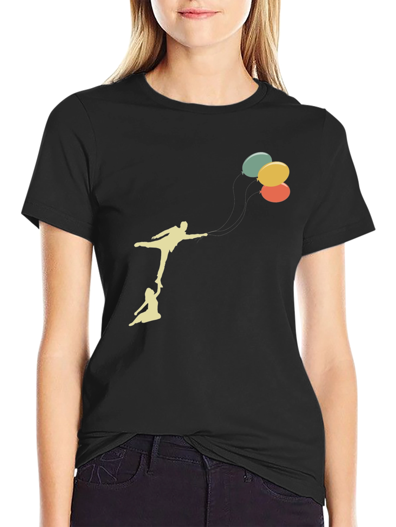 Whimsical Balloon Ride Graphic Tee - Black Cotton Blend