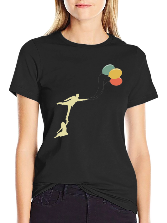 Whimsical Balloon Ride Graphic Tee - Black Cotton Blend