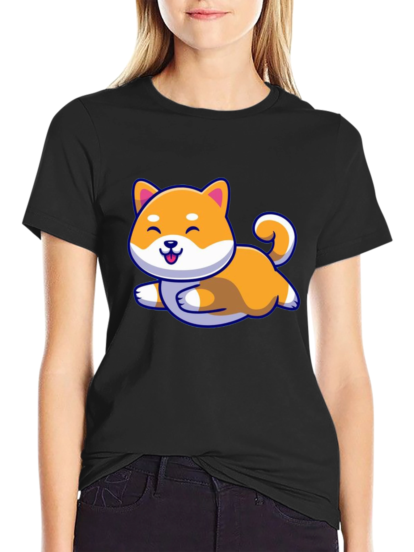 Cute Shiba Inu Dog Cartoon Black T-Shirt
