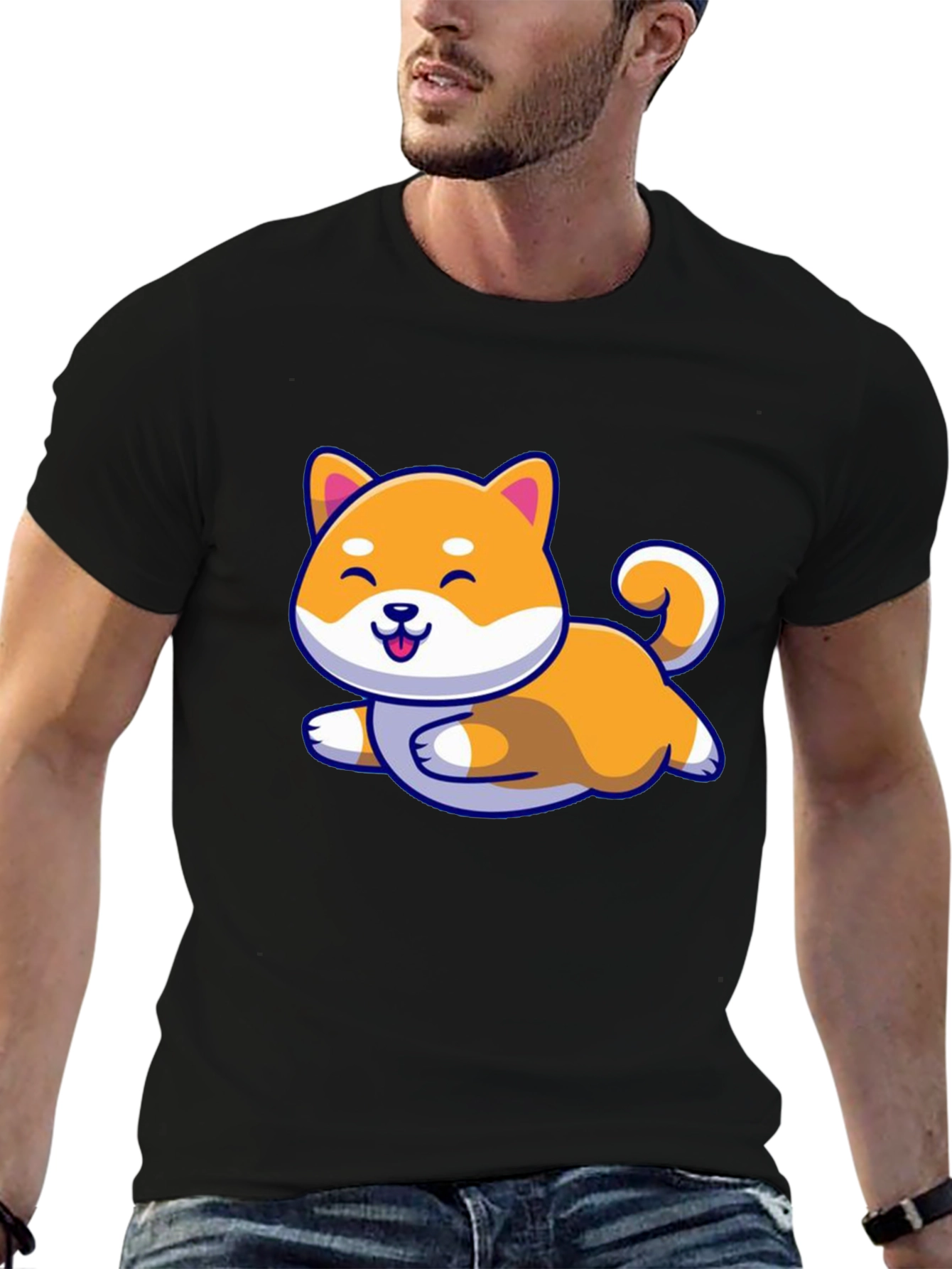 Cute Shiba Inu Dog Cartoon Black T-Shirt