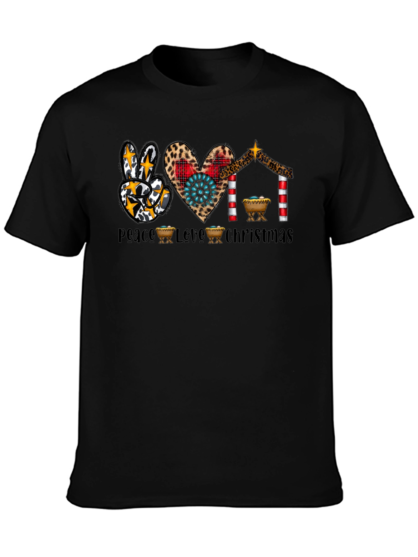 Peace Love Christmas T-Shirt Nativity Leopard Print