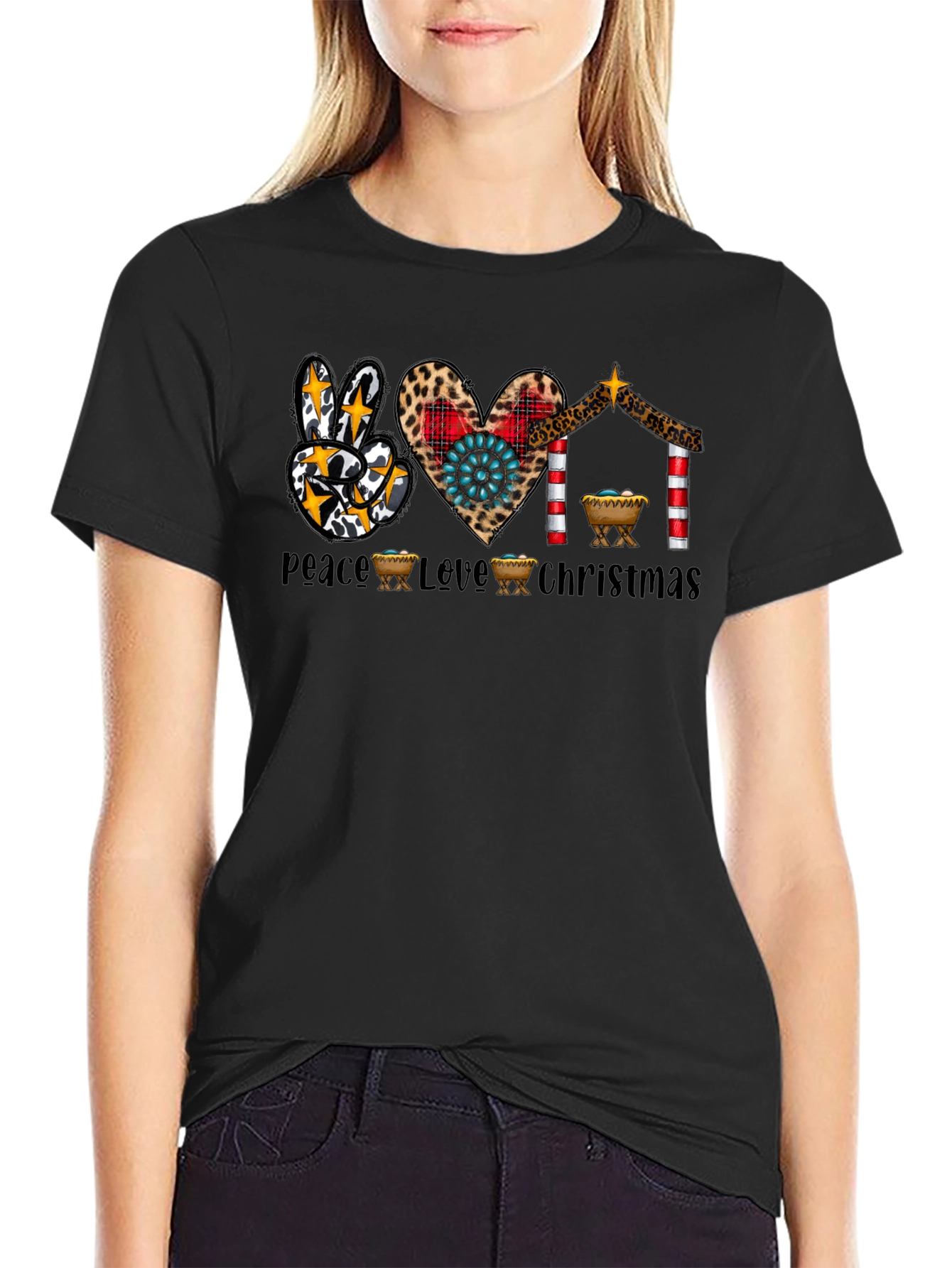 Peace Love Christmas T-Shirt Nativity Leopard Print