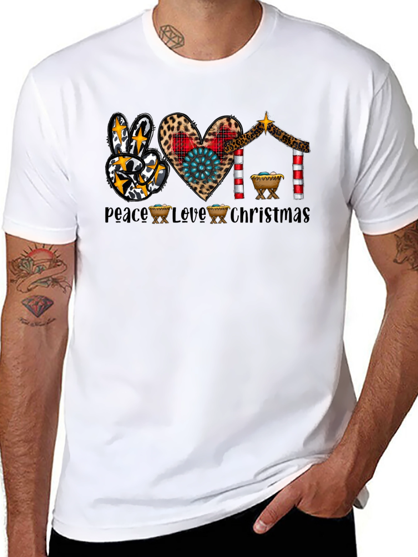 Peace Love Christmas T-Shirt Nativity Leopard Print