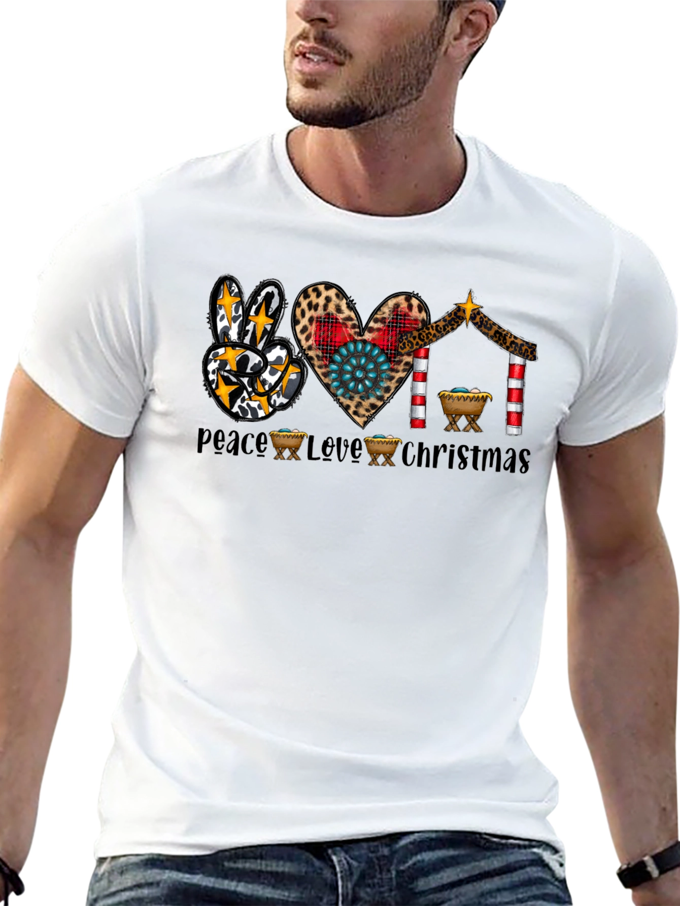 Peace Love Christmas T-Shirt Nativity Leopard Print