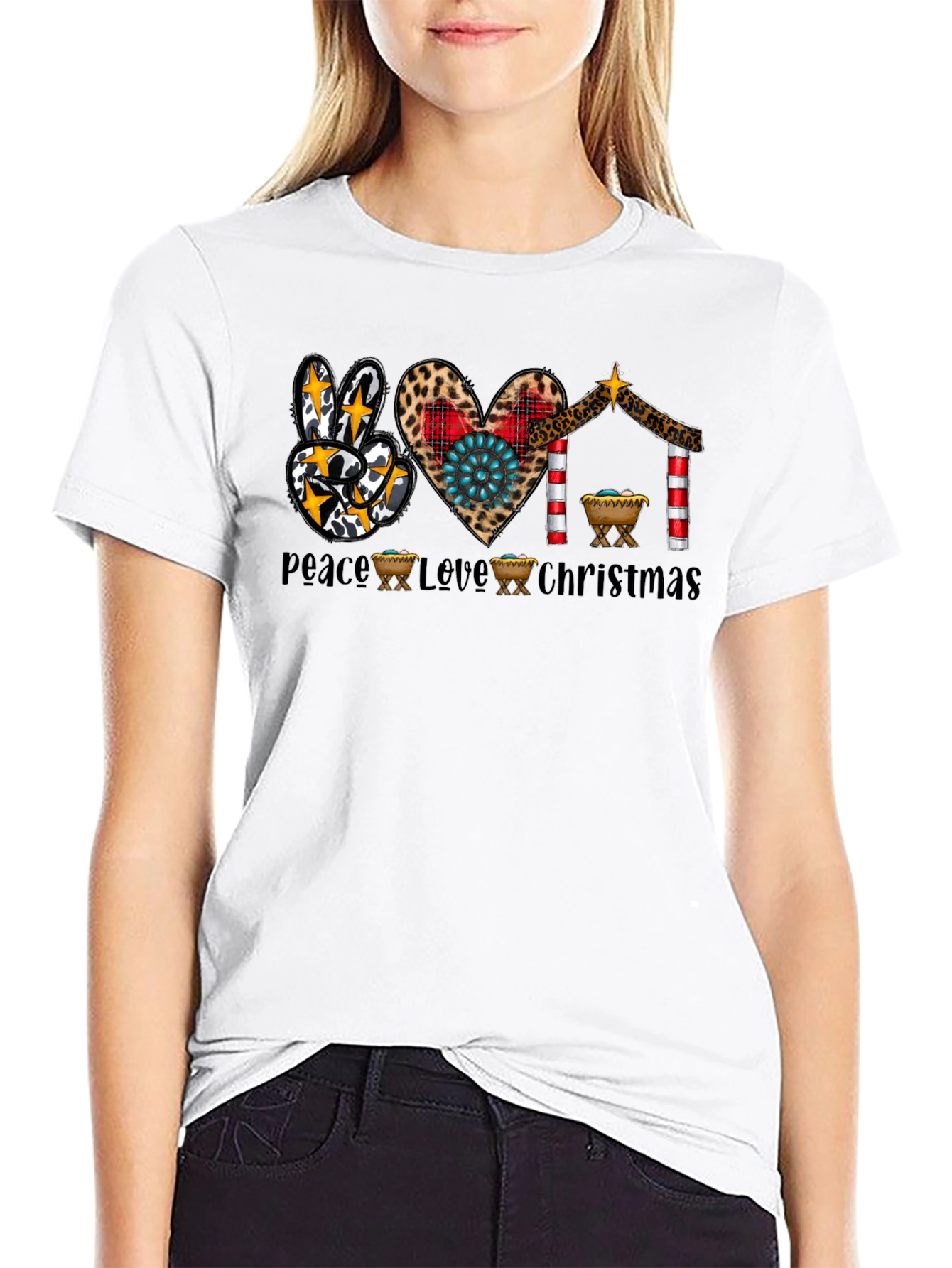 Peace Love Christmas T-Shirt Nativity Leopard Print