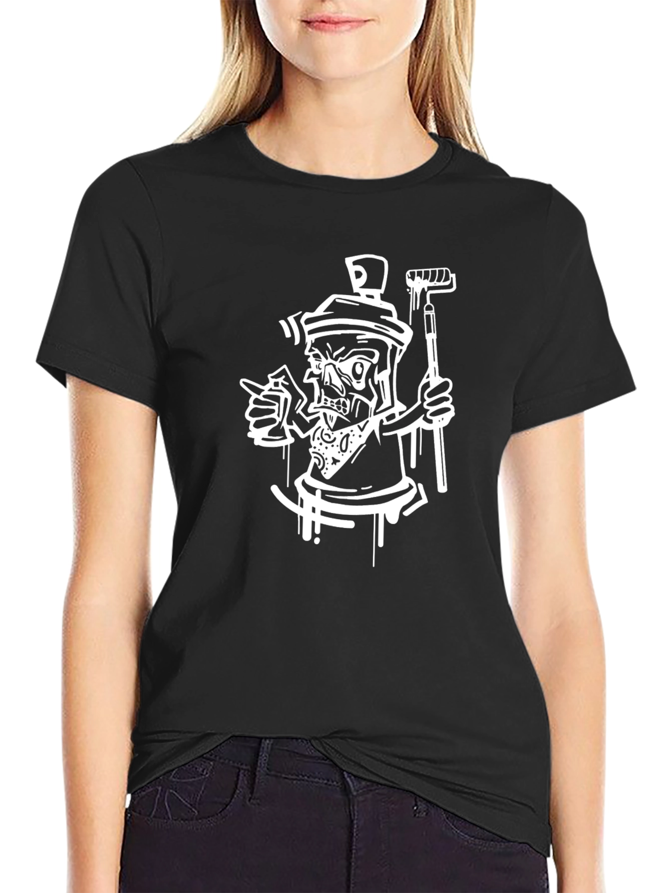 Cool Black Tee with Spray Paint Skeleton Design