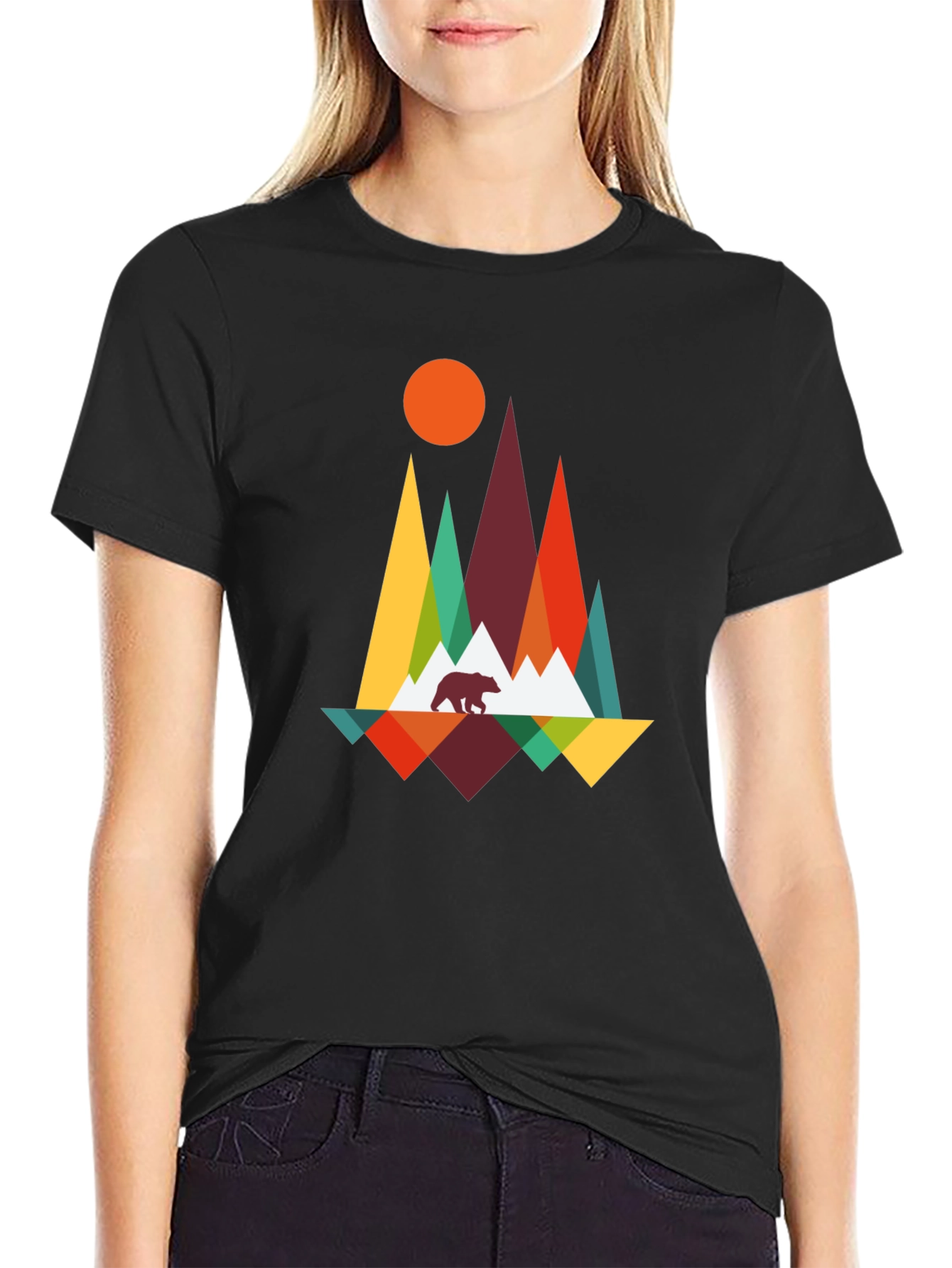 Geometric Mountain Bear Graphic Tee - Black