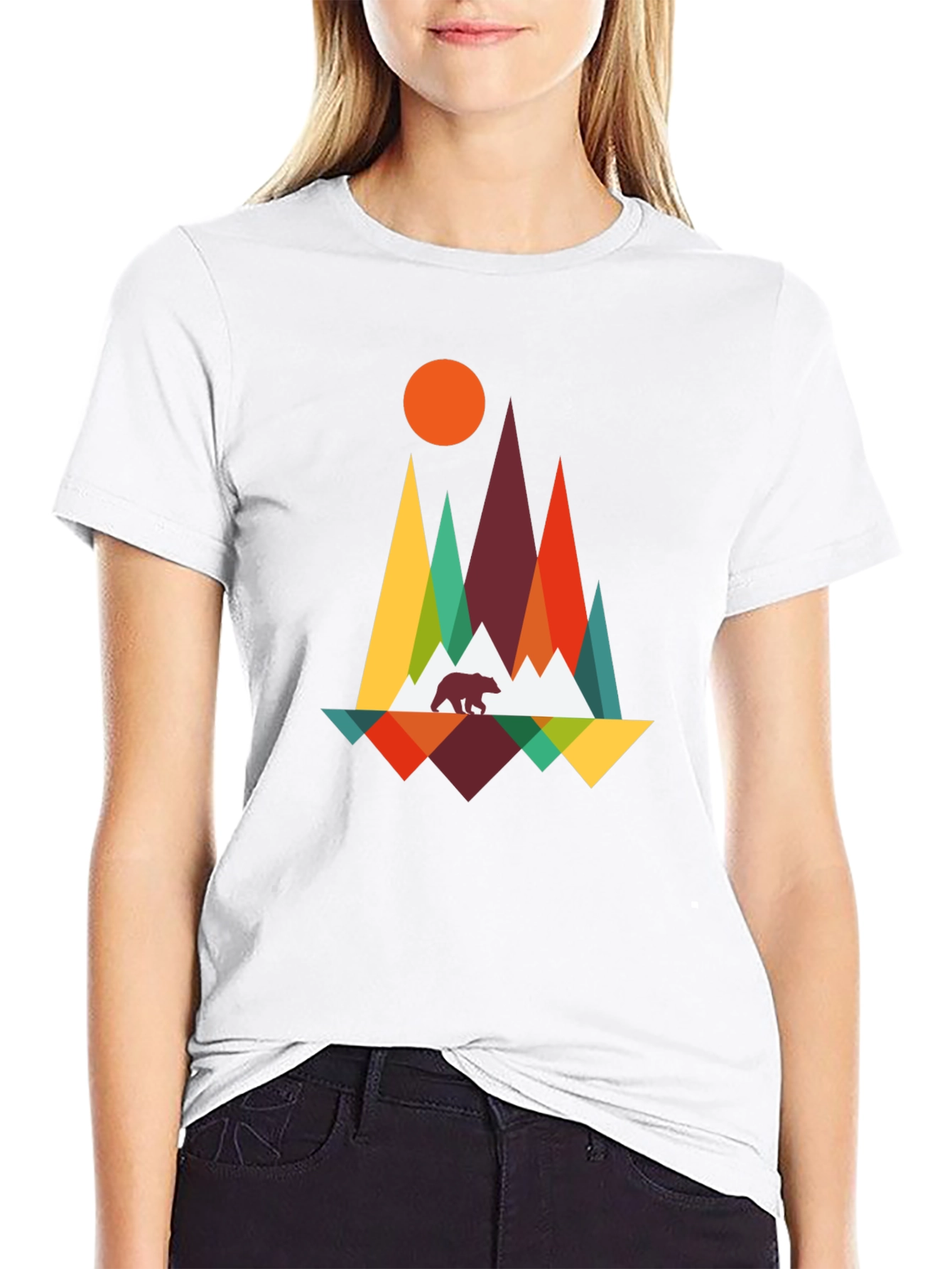 Geometric Mountain Bear Graphic Tee - Black