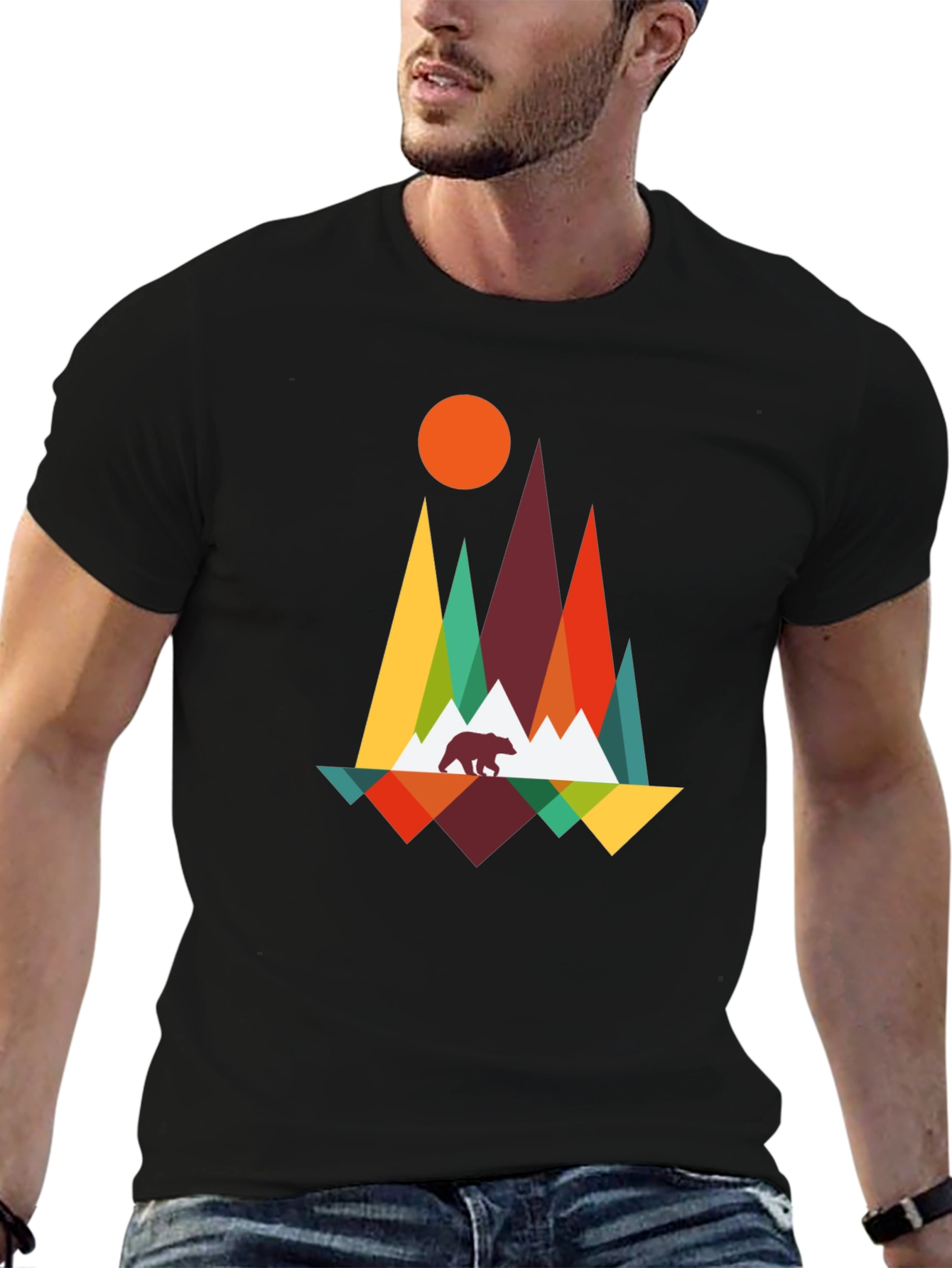 Geometric Mountain Bear Graphic Tee - Black