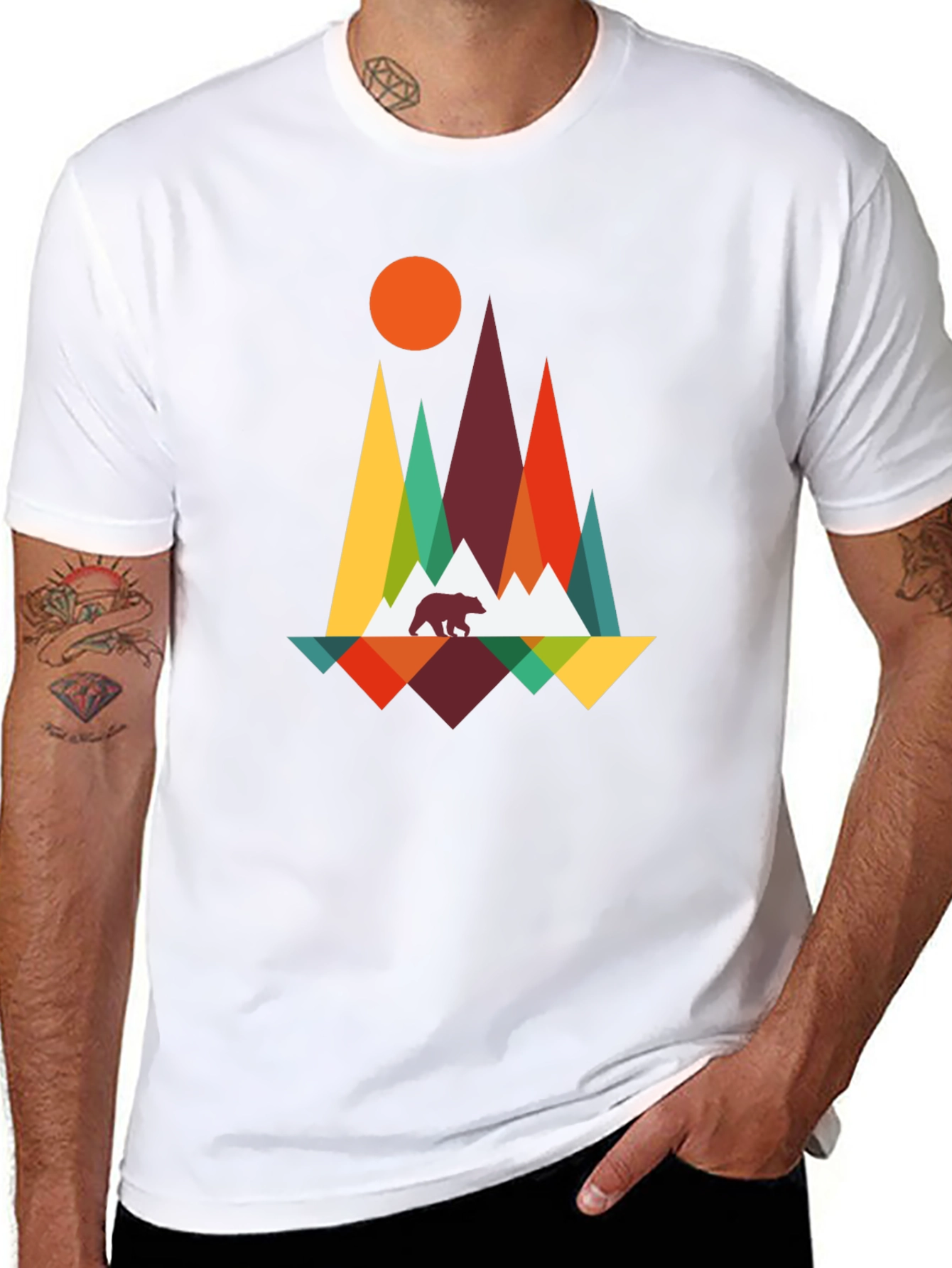 Geometric Mountain Bear Graphic Tee - Black
