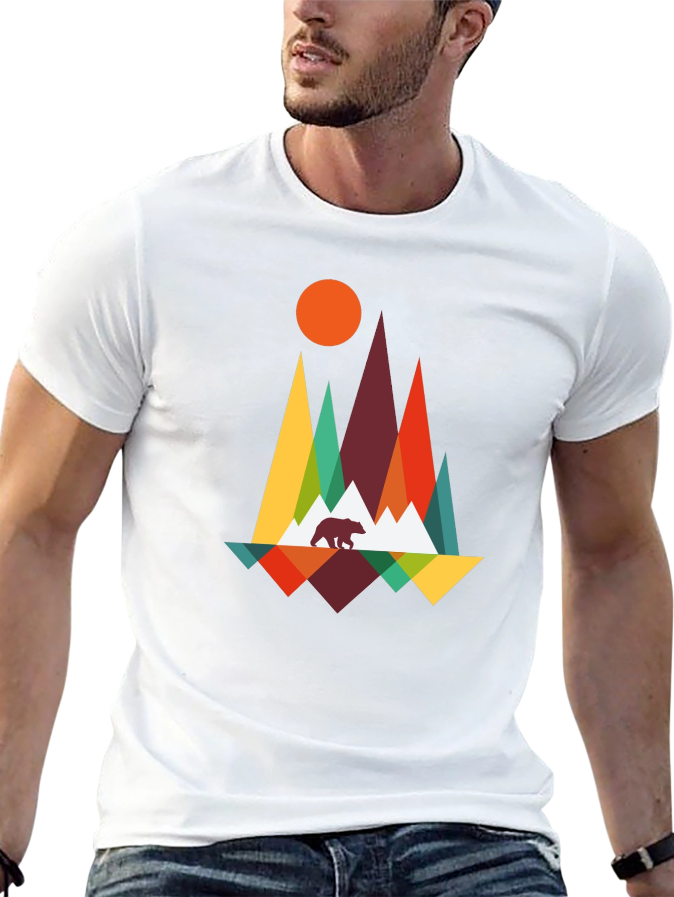 Geometric Mountain Bear Graphic Tee - Black
