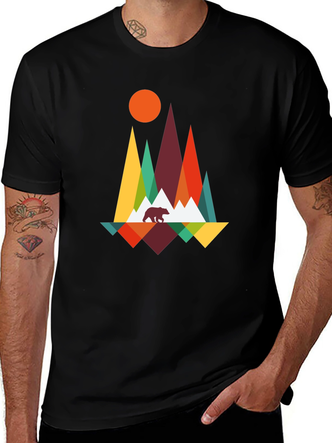 Geometric Mountain Bear Graphic Tee - Black