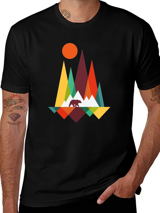 Geometric Mountain Bear Graphic Tee - Black