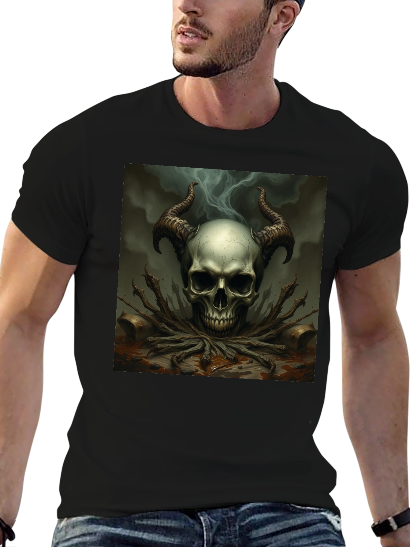 Skull Horns Graphic Tee - Black