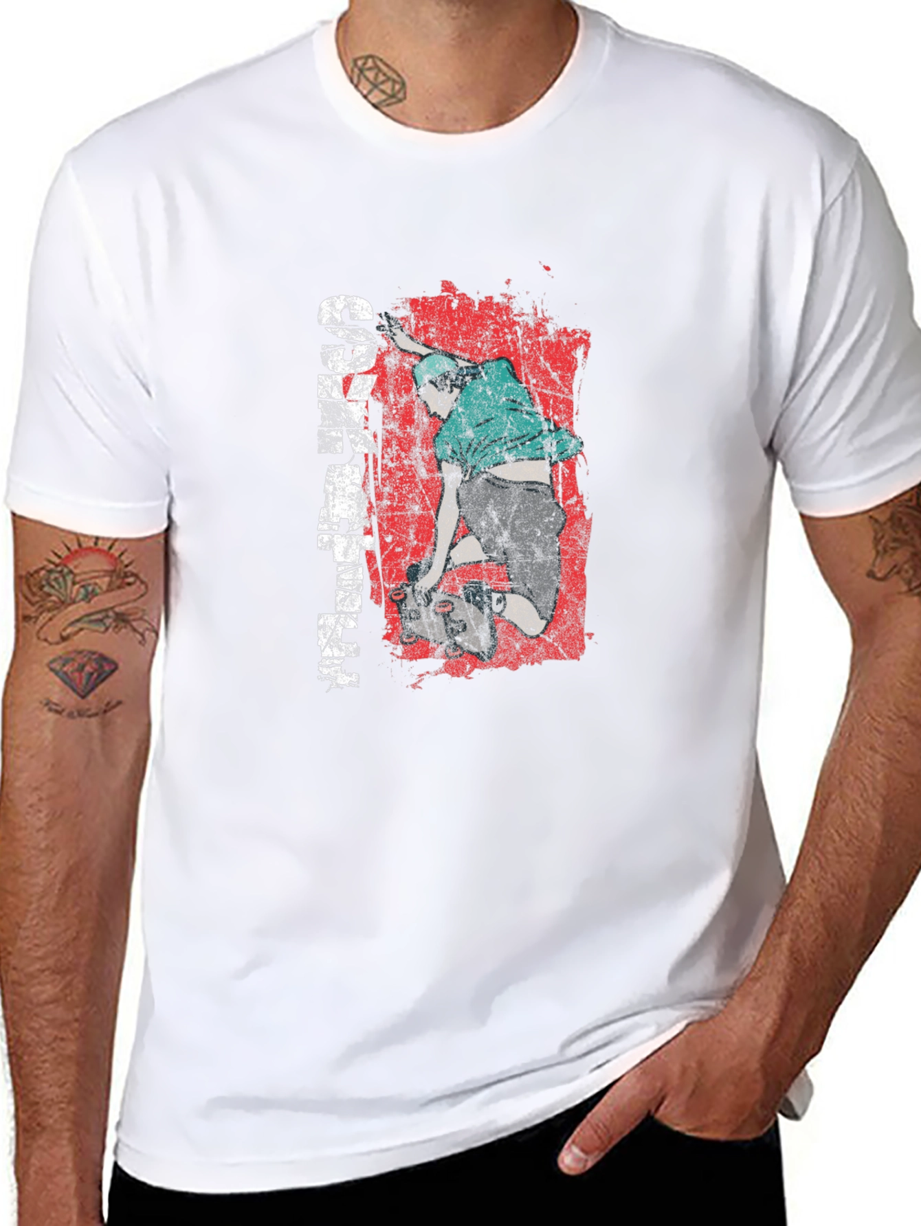 Skateboarder Graphic Tee - Distressed Red Black Cotton Shirt