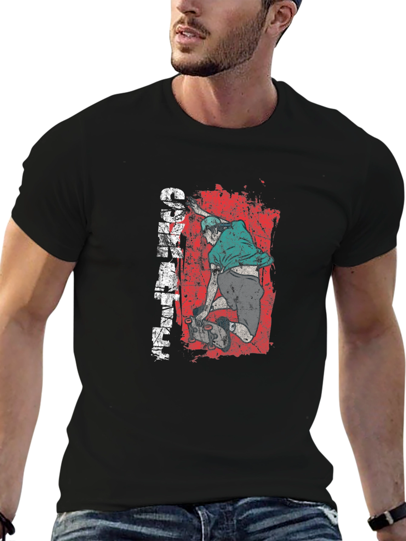 Skateboarder Graphic Tee - Distressed Red Black Cotton Shirt