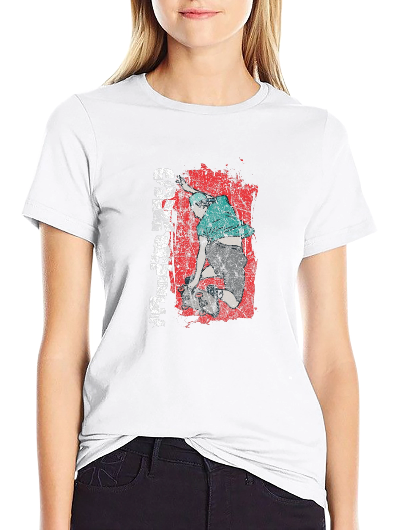 Skateboarder Graphic Tee - Distressed Red Black Cotton Shirt